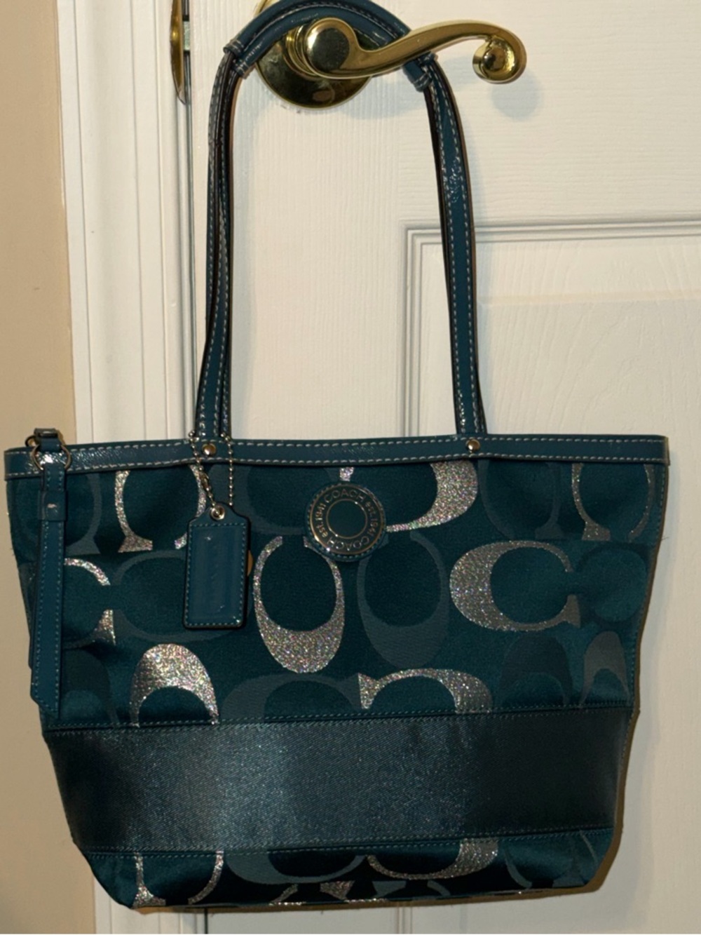 Coach Teal Signature Jacquard Tote with Metallic Accents